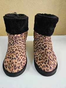 Damen Mädchen Stiefeletten Slipper Kunstfell Leopardenmuster & schwarz US-Größe 6M - Bild 1 von 12