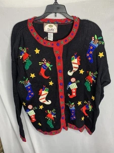 Damen M Vintage 2001 Y2K Ugly Christmas Sweater Cardigan Granny Stockings Bells - Bild 1 von 7