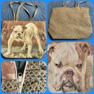 BULLDOG LOVER винтажный собаки сумка с короткими ручками гобелен сплетенный с подкладкой молнии сумка 17 x 17» читать DESCR - Изображение 1 из 4