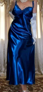 Vtg Blue Long Satin Nightgown Dress Bust 52 54 - Picture 1 of 3