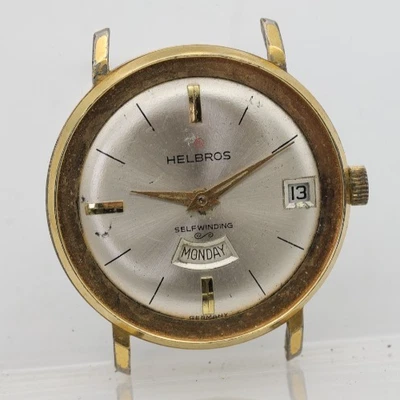 HELBROS DAY DATE GERMANY CAL. PUW 1363 WRIST WATCH 34mm 17mm LUG FOR REPAIR (LI) - Image 1 of 4