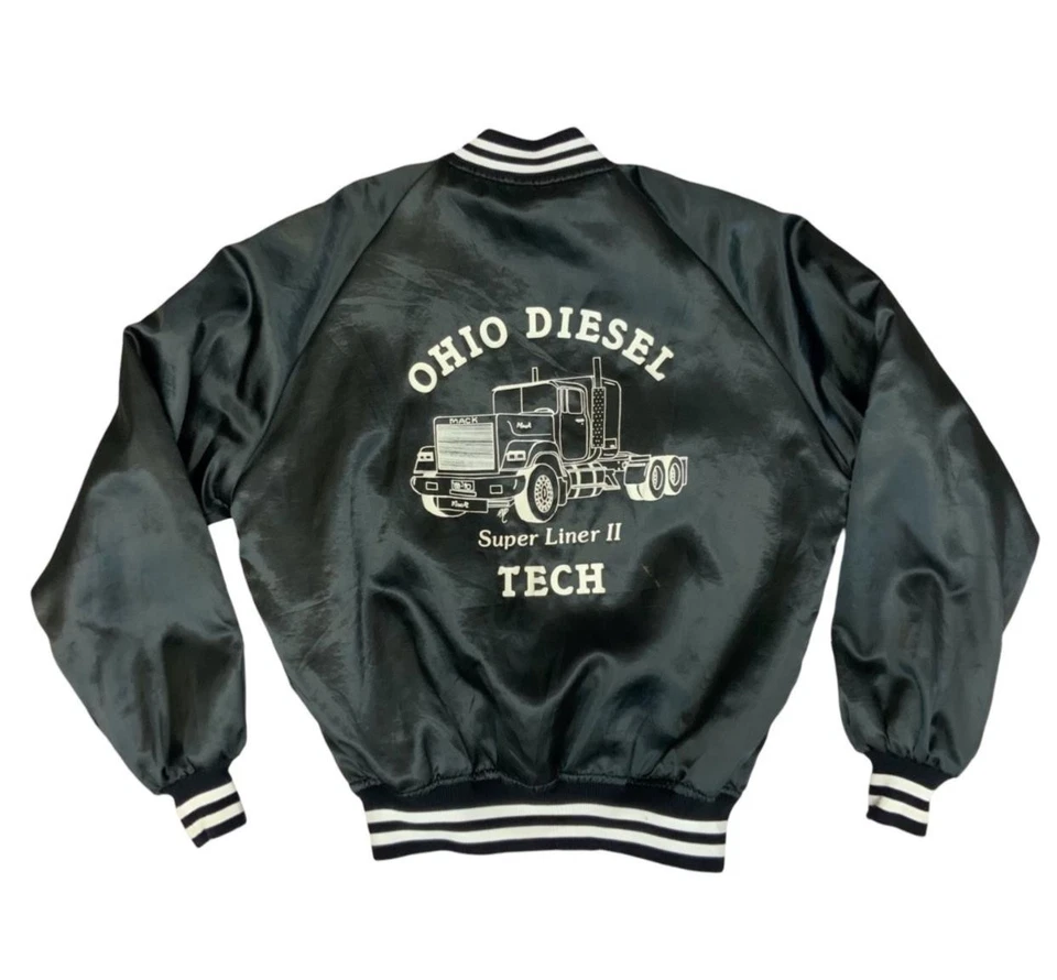Vtg USA Black Mack Trucks Ohio Diesel Super Liner Trucker Silky Bomber Jacket L - Image 1 of 4