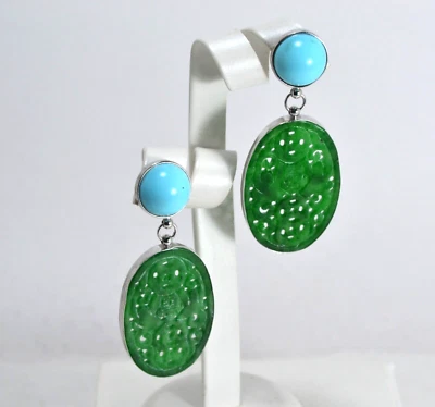 Ohrringe Silber 925 Türkis Und Jade Oval 27 X 40 Mm AGHT 012 - Bild 1 von 3