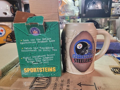 Vtg Pittsburgh Steelers Mug NFL Hoffbrau Beer Stein NIB #32 Franco Harris emboss Cover