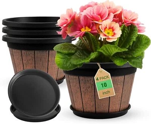 4 Pack 10 inch Plant Pots Upgrade Whiskey Barrel Planters with Drainage Holes - Picture 1 of 2
