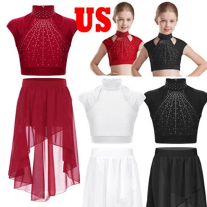 Niños Niñas Disfraces de Baile Lírico Brillante Top Corto con Falda Leotardo Ballet - Imagen 1 de 32