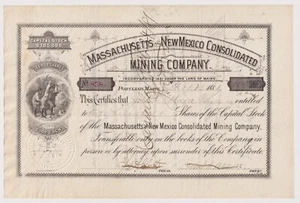 Certificado de stock minero consolidado de Massachusetts y Nuevo México 1881 Maine - Imagen 1 de 1
