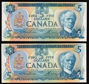 2x Consecutive Canada 1979 $5 Five Dollar Banknote Lawson - Bouey UNC+ - Picture 1 of 2