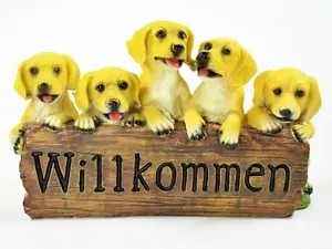 Willkommen Dekofigur Hund Hundewelpen Deko Figur mit 5 Welpen Dog Statue Neu - Bild 1 von 2