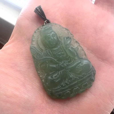 Kuan Yin Pendant Jadeite Buddha Sterling Silver Carved Jade Jewelry Compassion - Image 1 of 4
