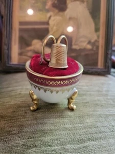 Vintage Limoges/Made In France/Castel Gold Footed Porcelain Pin Cushion Set - Picture 1 of 11