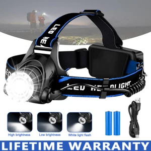 NEW T6 Headlamp 350000LM LED Zoom Headlight Rechargeable Head Torch USB Line UK - Picture 1 of 15