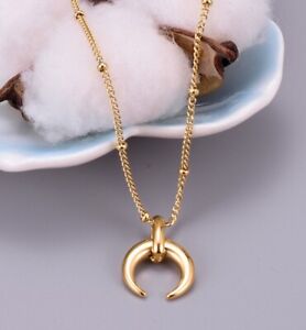Women Gold Plated Titanium Stainless Steel Gold Crescent Horn necklace 16-18"