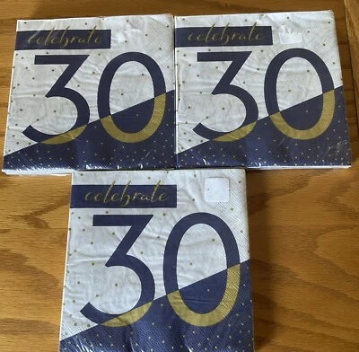 Lot Of 3 Navy & Gold 30th Birthday Lunch Napkins Paper 16 Per Pack 6.5" x 6.5" - Image 1 of 4