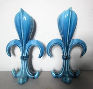 Rare Pair of FRENCH 13" CLEMENT MASSIER Fleur De Lis Blue Glaze Pottery c. 1910 - Picture 1 of 12