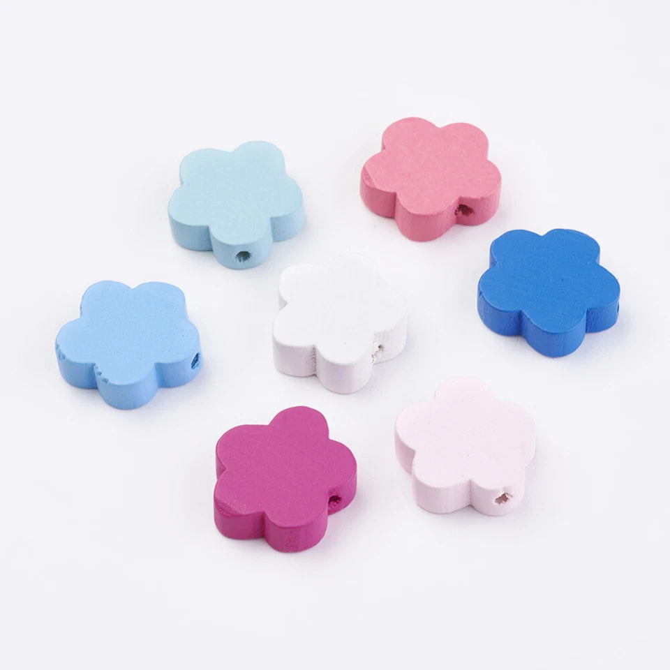 5 - 50 Stück Blumen Holz Perlen 20 mm Farbig Pastell Weiß Rosa Blau - Bild 1 von 1