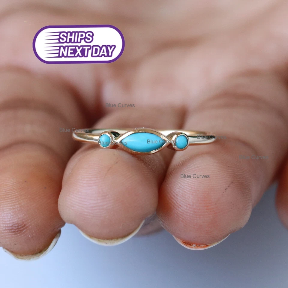 14k Solid Yellow Gold Marquise Turquoise Gemstone 3 Stone Band Ring Jewelry - Image 1 of 4