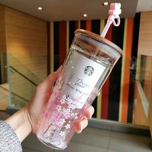 Starbucks Tumbler Pink Sakura Double Glass Straw Cup 591 ml+ Cherry Blossom Plug