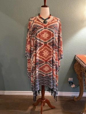 DOUBLE D RANCHWEAR Rust Blue Brown Poncho Bohemian Lightweight. L/XL. Cute! - Image 1 of 4