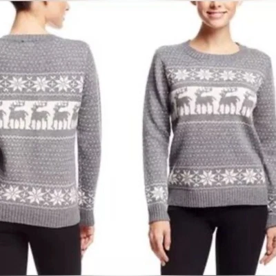 POL Anthropologie Women Reindeer Sweater Top Long Sleeve Crew Gray Cotton Medium - Image 1 of 4