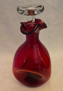 10" Mid Century Blenko Red Pinched Glass Decanter Bottle with Clear Stopper - Picture 1 of 14