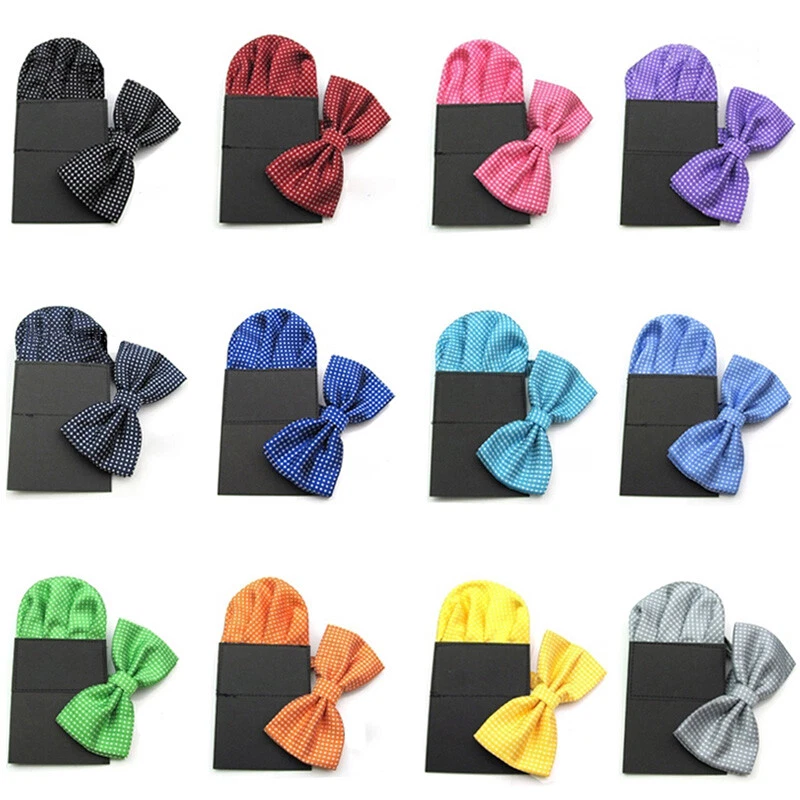 Men's White Polka Dots Bowtie Pocket Square Set Wedding Party Bow Tie Hanky - Image 1 of 1