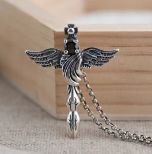 I05 Anhänger Kreuz Engelsflügel Engel Silber 925 facettiertes dunkles Steinchen - Bild 1 von 6