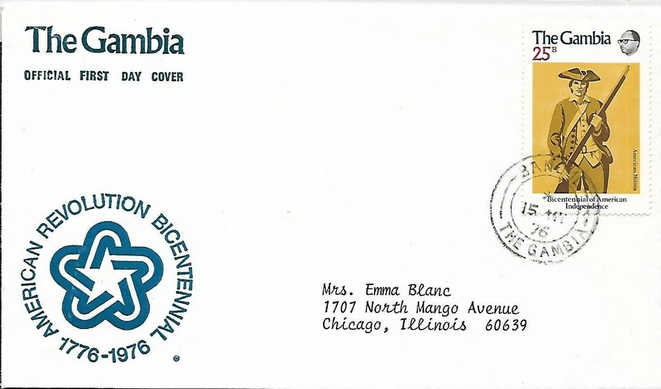 GAMBIA 1976 FIRST DAY COVER AMERICAN BICENTINNIAL MILITIAMAN 2 DIFFERENT CACHET  - Image 1 of 1