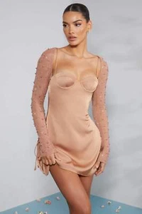 Oh Polly Dress Womens Mini Beige Embellished Long Sleeve Satin A-line Mesh - Picture 1 of 13