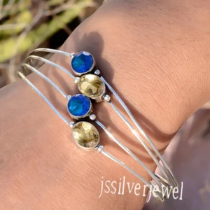 Tanzanite & Citrine Cut Gemstone 925 Sterling Silver Cuff Bangle For Function - Picture 1 of 5