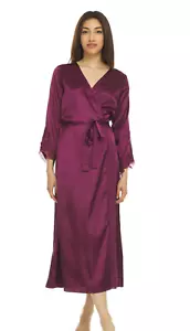 NEW! Flora Nikrooz Sz 1X Stella Satin Venise Trim Long Wrap Robe T80236 Bordeaux - Picture 1 of 6