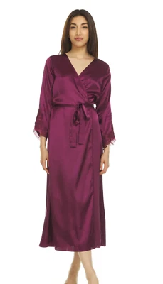 ¡NUEVO! Bata larga envolvente Flora Nikrooz talla 1X Stella satinada con ribete de venado T80236 Burdeos Foto 1 de 4