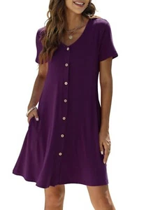 Women's Summer Casual T Shirt Dresses Short Sleeve Button Down Swing Dress wi... - Picture 1 of 7