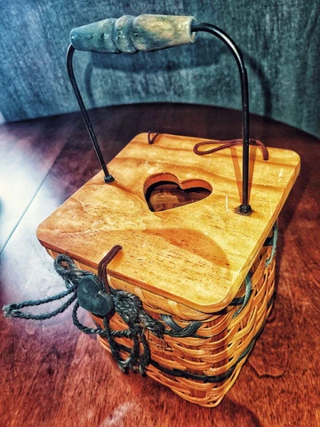 Vintage Tissue Basket with Wooden Lid, Handle and Heart Accents Cover