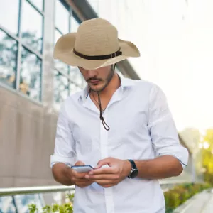 Adults Wide Brim Hat Men Summer Beach Straw Cap Sun Floppy Foldable Hats - Picture 1 of 9