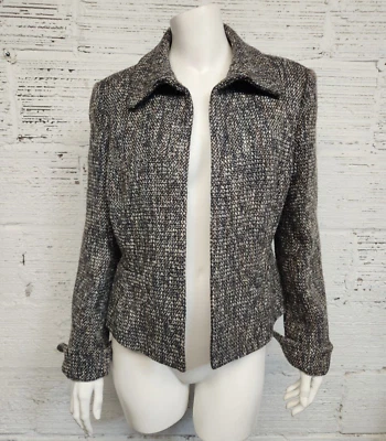 Blazer de lã vintage Ellen Tracy tamanho 10 tweed cinza e fio metálico frente aberta - Imagem 1 de 4