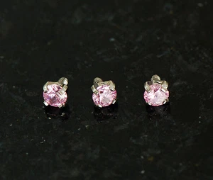 3 Pc 3 mm Pink CZ Prong Set Internally Threaded Dermal Anchors Heads Top 14g  - Picture 1 of 2