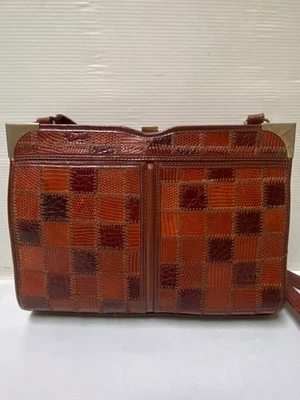 Sac ancien cuir marron fauve patchwork reptile VINTAGE 70s rétro chic - Photo 1/4