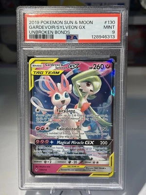 Pokemon 2019 S&M Unbroken Bonds Gardevoir & Sylveon GX Tag Team 130/214 PSA 9 Foto 1 de 2