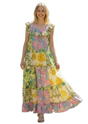 Dalia MacPhee Floral Patchwork Multicolor Ruffled Maxi Long Dress Women's size S - Image 1 of 4