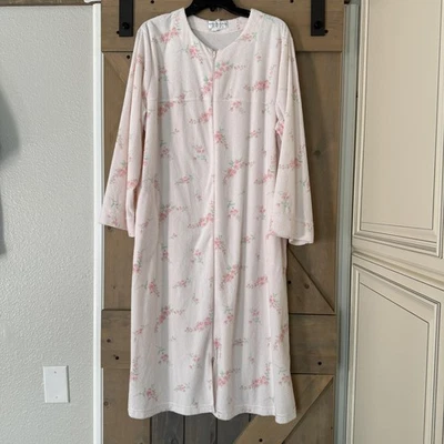 Miss Elaine Robe Womens XL White Pink Floral Zip Front Seersucker Housecoat Long - Image 1 of 4