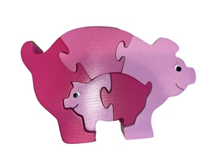 Pink Pig Child Puzzle Vintage Scroll Saw Cut Wood 3-d Mama Pig & Baby Figure - Picture 1 of 7