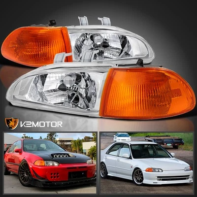 Fits 1992-1995 Honda Civic Sedan Clear Headlights+Amber Corner Signal Lamps Pair - Imagem 1 de 4