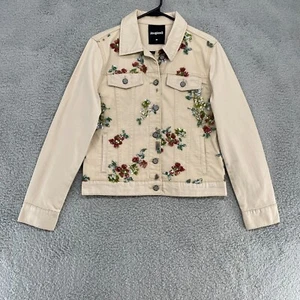 Desigual Denim Jacket Womens 38 / 8 Sequin Embroidered Floral Boho Tan Cream - Picture 1 of 12