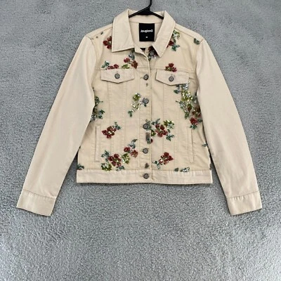 Desigual Denim Jacket Womens 38 / 8 Sequin Embroidered Floral Boho Tan Cream - Image 1 of 4