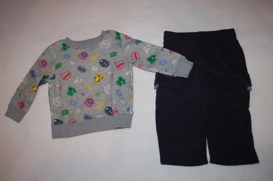 Baby Boys GRAY SWEATSHIRT Sport Robot Rocket NAVY BLUE CARGO PANTS Fleece 6-9 MO - Image 1 of 1