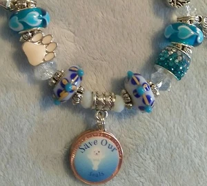 Unisex Handarbeit Save The Seals weiß silber blau Murano Perlen Armband Aktivismus - Bild 1 von 1