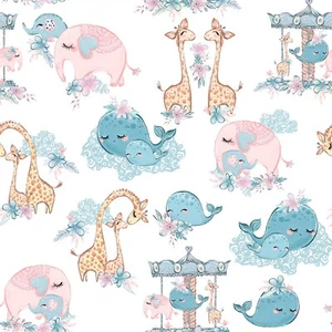 5/6 Yard 3 Wishes Mommy & Me Whale Giraffe Elephant Flannel Cotton Fabric - Picture 1 of 1