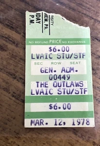 OUTLAWS - BRING IT BACK ALIVE Tour -Concert Ticket Stub -Bethlehem PA -3/12/1978 - Picture 1 of 2