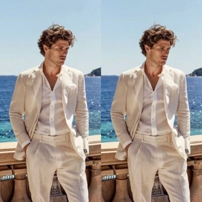 2 изделия льняные мужские костюмы лето пляж вечеринки смокинги свадьбы жених блейзер пальто - Изображение 1 из 4